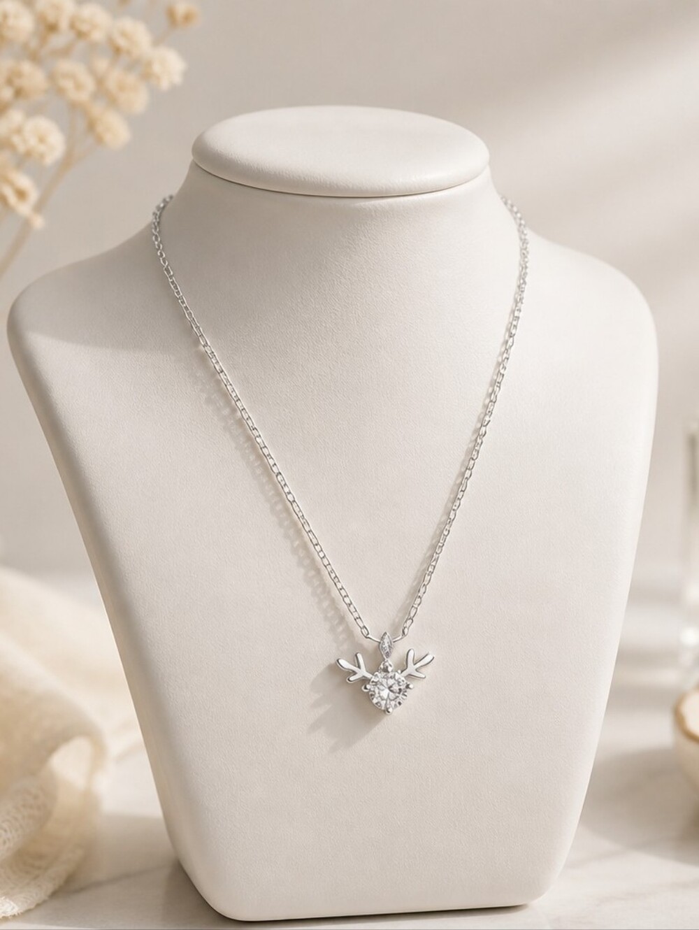 Moissanite Silver Reindeer Pendant Necklace - White